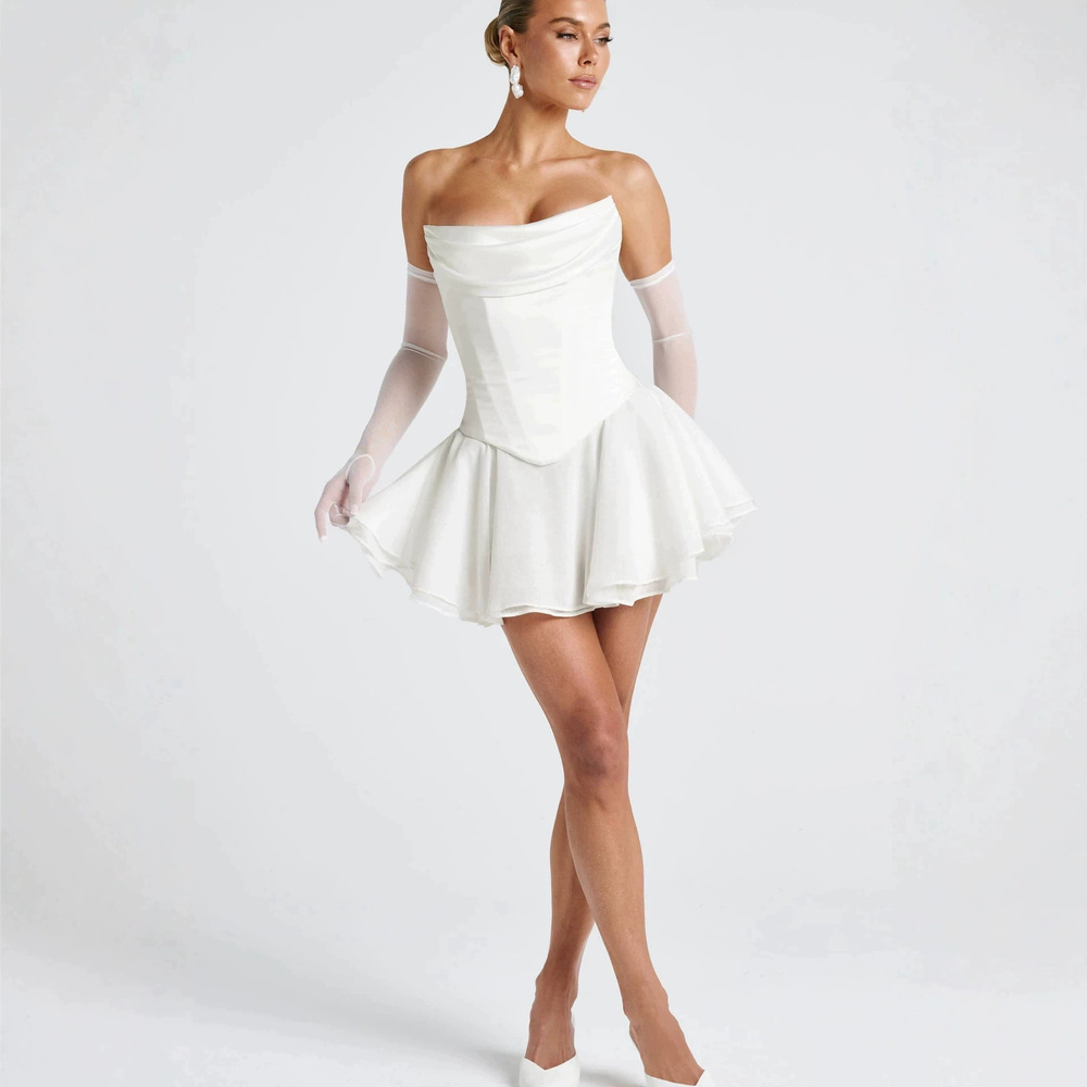 Zara Summer Strapless Draped Neck Boned Waist Flared Mini Dress